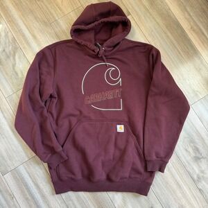 Carhartt Mens Loose Fit Graphic Logo Hoodie Maroon Burgundy Sweatshirt Medium